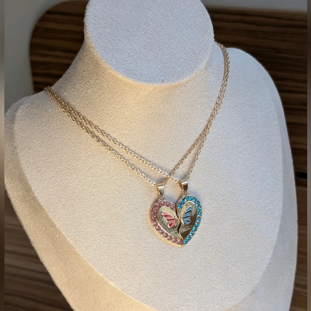 BEST FRIENDS necklace set pink blue gold butterfly rhinestones BFF gift